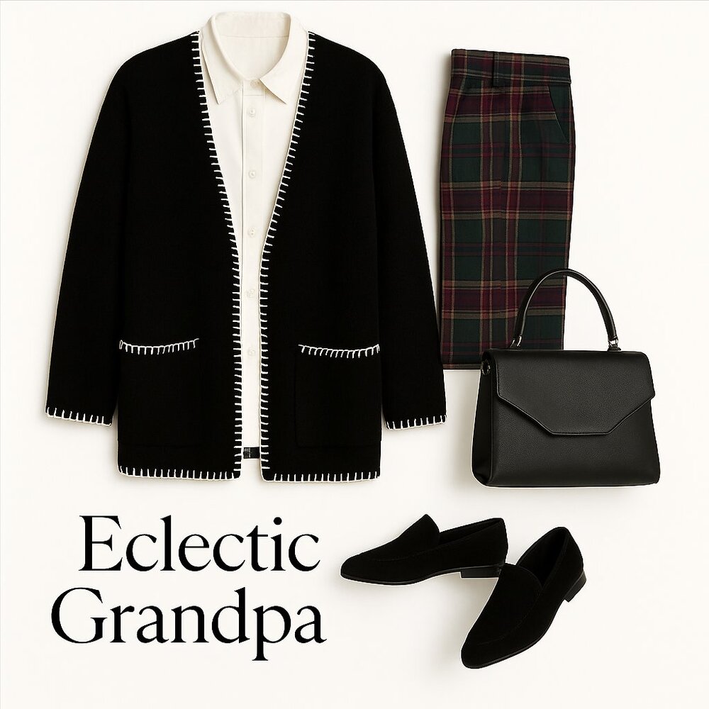 🖤 Black & White Contrast Whipstitch Cardigan Sweater – Oversized Cozy Knit